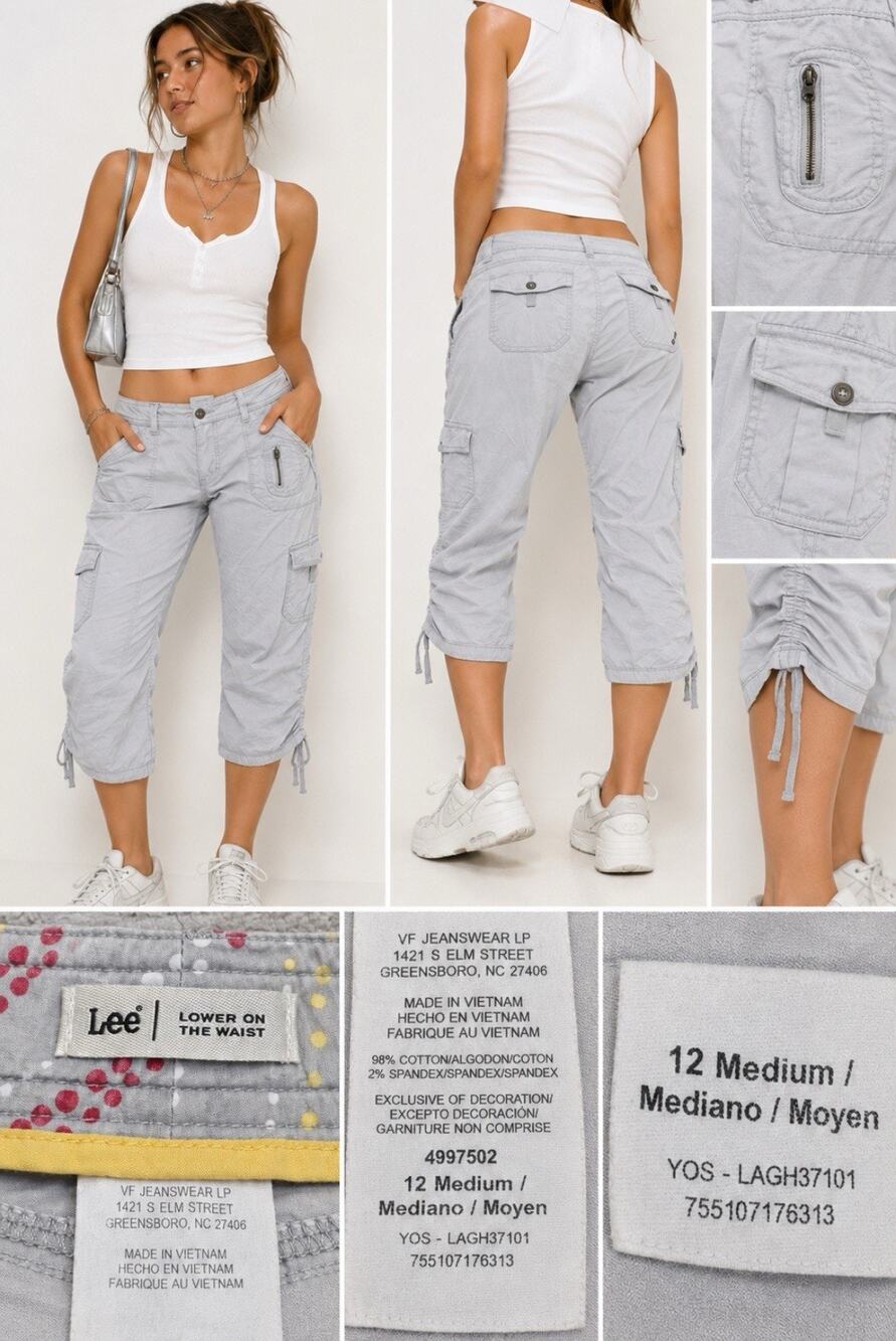 Y2K Parachute Lee Women's Lower on Waist Cropped Cargo Pants Size 12 Gray Capri